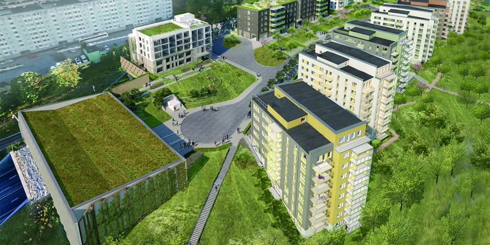 En bild snett uppifrån som visar ett tiotal flervåningshus med grönskande omgivningar. Illustration.